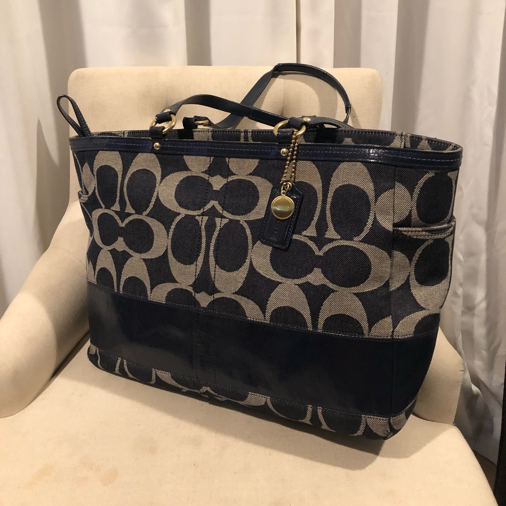 Large COACH Denim diaper bag or travel bag.  Patent Navy blue leather trim